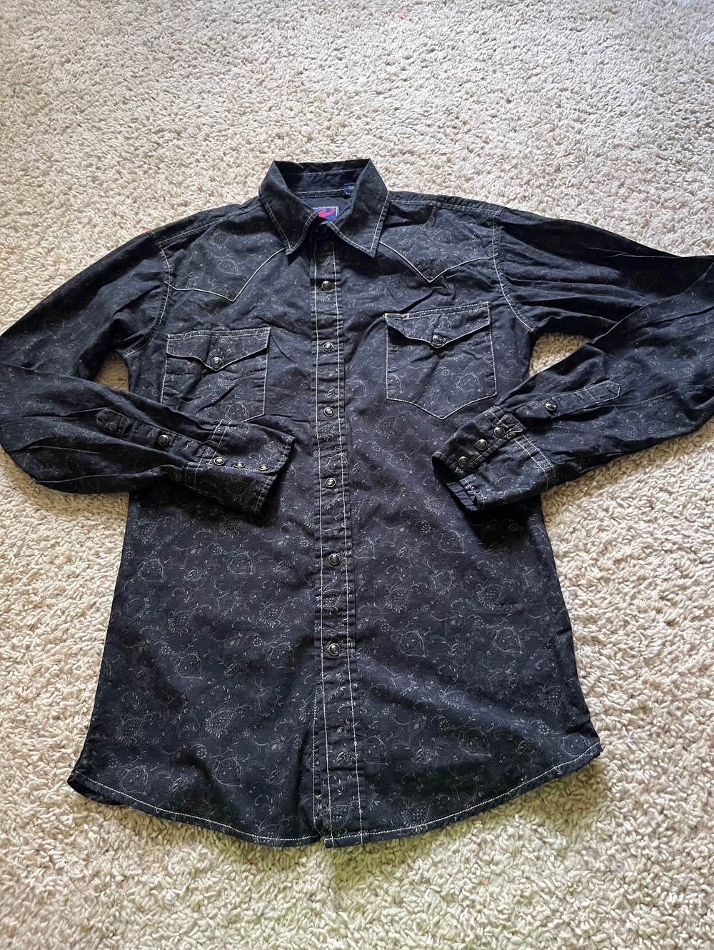 Roper Men's Black Western Pearl Snap Shirt with Subtle Paisley Pattern Size M